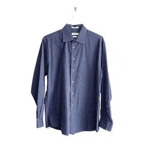 Calvin Klein Mens Dress Shirt Button Down Pinstripes Slim Fit Navy Size 17